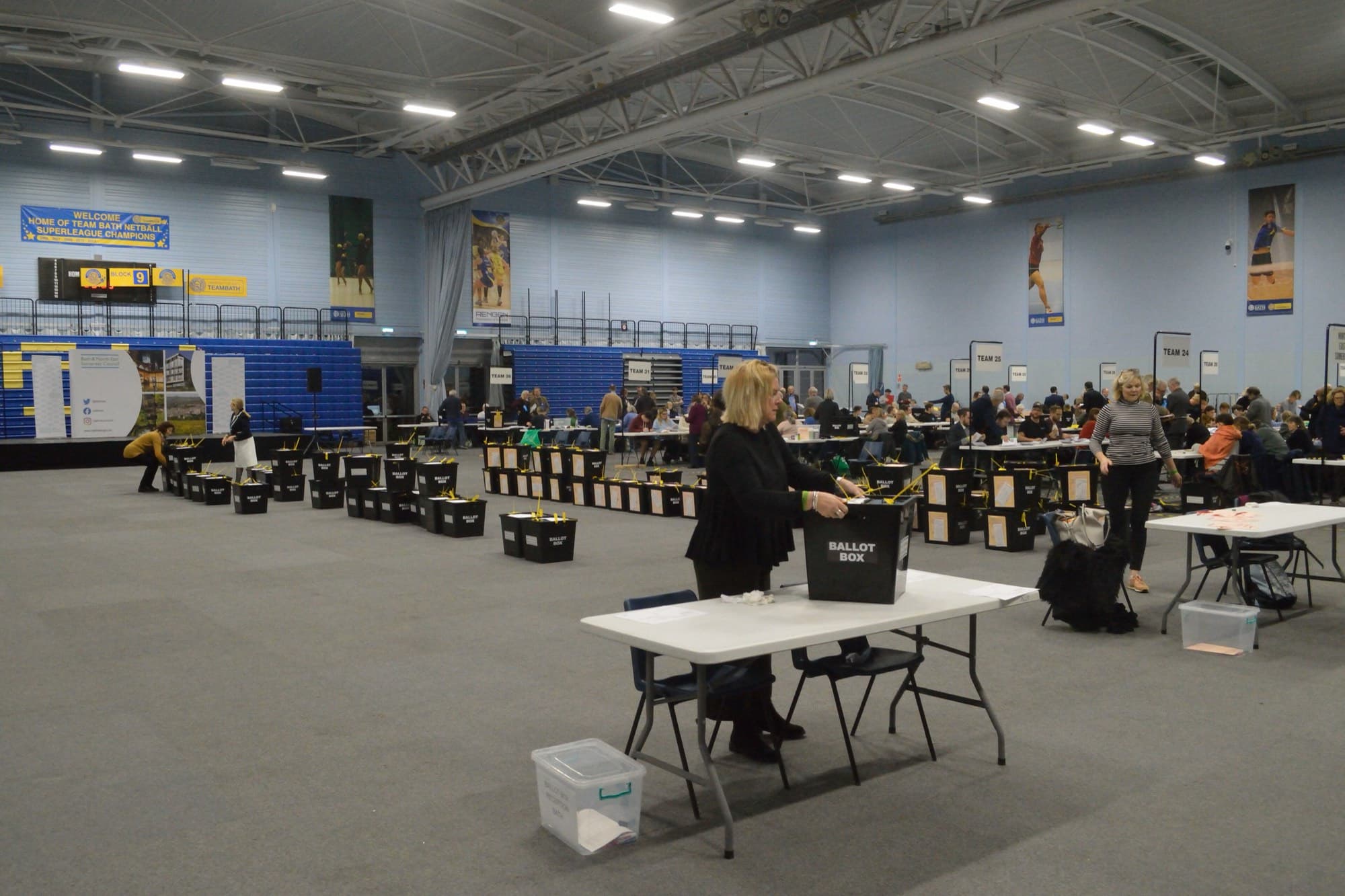 Sealed ballot boxes waiting to be opened at a general election count