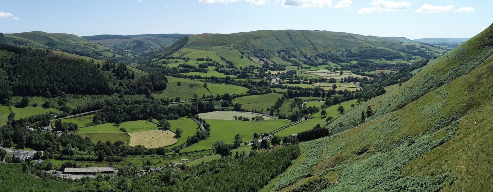This photo illustrates the juxtaposition of human activities (sheep farming and residential areas in the foreground; plantation forestry in the mountainous background) within the semi-natural landscape of the Dyfi Valley near Mallwyd. The a